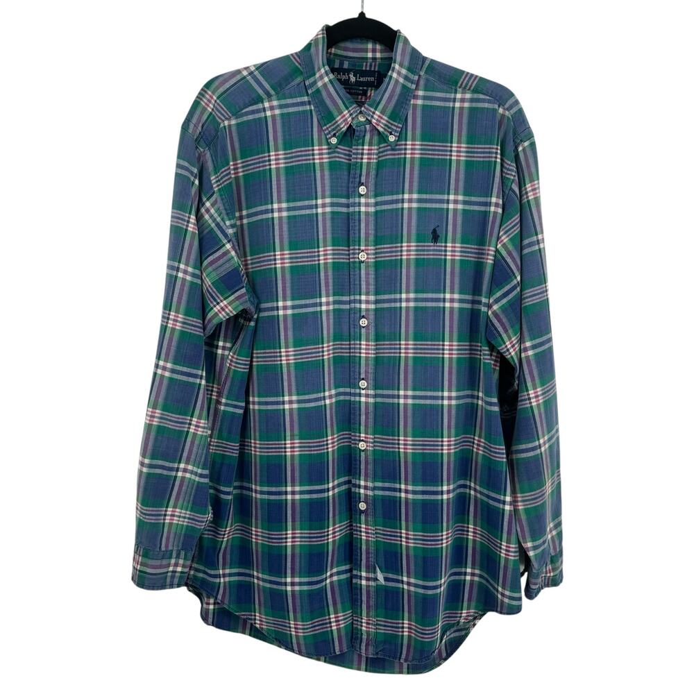 Ralph Lauren Blue Multi Heritage Plaid Long Sleeve Button Down Mens M‎ Cotton